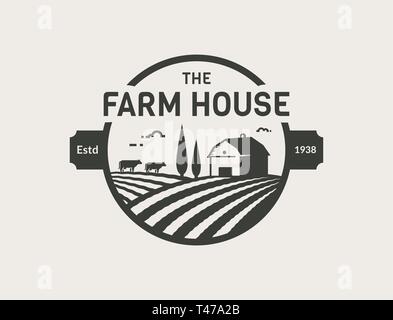 Farm House logo isolated on white background. Black emblem with farmhouse, cows and fields for natural farm products. Vector illustration. Stock Vector