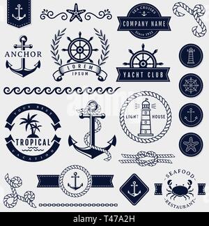 Sea and nautical decorations isolated on white background. Collection of elements for company logos, identity, print products, page and web design. Stock Vector