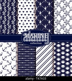 Set of marine and nautical backgrounds in navy blue and white colors. Sea theme. Seamless patterns collection. Vector illustration. Stock Vector