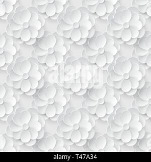 Seamless pattern with white paper flowers. Monochrome floral background. Vector illustration. Stock Vector