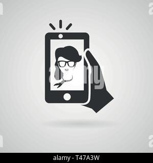 Selfie icon. Trendy woman taking a self portrait on smart phone. Vector illustration. Stock Vector