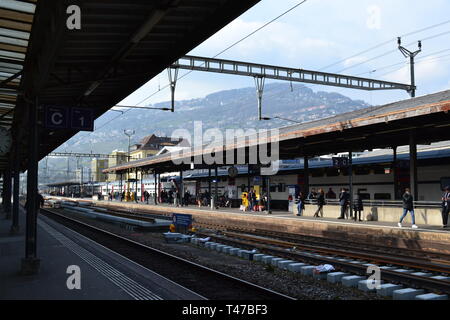 Vevey train railway station in Vaud near Montreux, Switzerland, on an April day 2019 Stock Photo