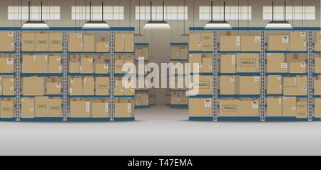Warehouse interior with boxes on racks flat design vector illustration Stock Vector