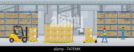 Warehouse interior with workers working flat design vector illustration Stock Vector