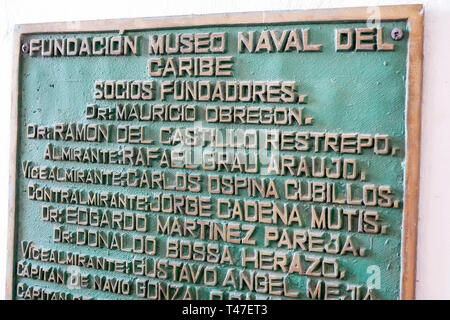Cartagena Colombia,Museo Naval del Caribe,Caribbean naval museum,founding members metal plaque,Spanish language,COL190122035 Stock Photo