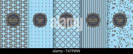 Set of blue vintage seamless backgrounds for luxury packaging design. Stock Vector