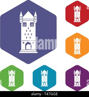 Castle tower icons vector hexahedron Stock Vector