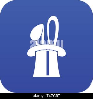 Rabbit appearing from a top magic hat icon digital blue Stock Vector