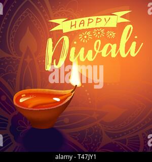 Post card for Diwali festival with realistic indian lamp with fire flame and mandala. Happy Diwali concept, insignia. Typography poster or logo for Stock Vector