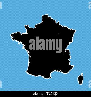 France map as island. Black map separated on blue wave water background. Stock Vector