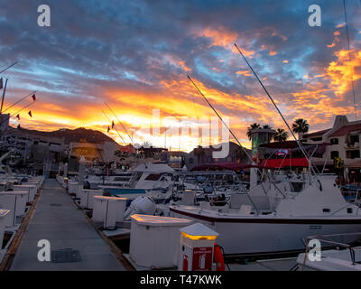 A firey sunset over the marina in Cabo San Lucas, Mexico Stock Photo