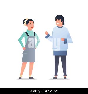 young asian couple wearing casual clothes happy man woman discussing together chinese or japanese female male cartoon characters full length flat Stock Vector