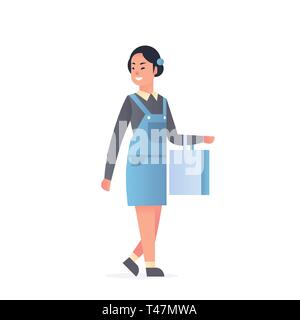 young asian girl wearing casual clothes happy attractive woman holding shopping bag chinese or japanese female cartoon character full length flat Stock Vector