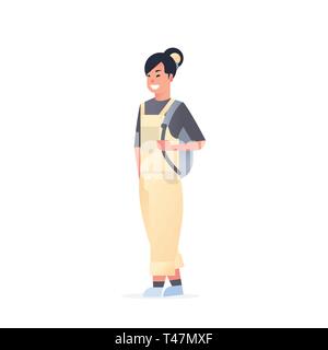 young asian girl wearing casual clothes happy attractive woman holding backpack chinese or japanese female cartoon character full length flat white Stock Vector