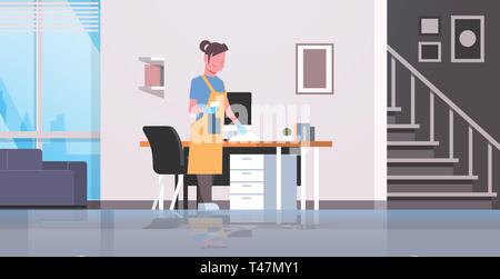 housewife cleaning computer table with duster woman wiping workplace desk girl dusting housework concept modern apartment interior female cartoon Stock Vector