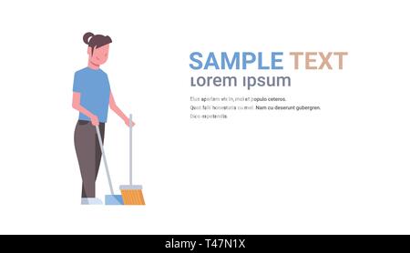 housewife sweeping floor with broom and scoop young girl doing housework housecleaning concept female cartoon character full length flat horizontal Stock Vector