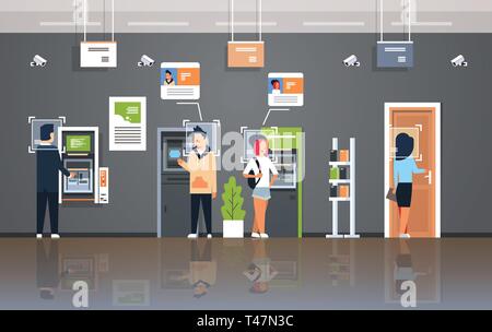 people withdrawing money ATM cash machine identification surveillance cctv facial recognition concept modern bank office interior security camera Stock Vector