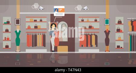 woman trying on new dress clothing store customer identification facial recognition concept modern boutique interior security camera surveillance cctv Stock Vector