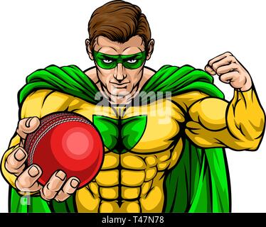 Superhero Holding Cricket Ball Sports Mascot Stock Vector