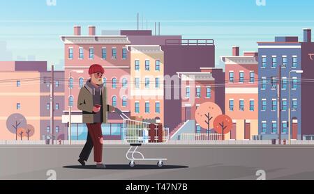 poor man pushing trolley cart with belongings beggar guy walking street begging for help homeless concept modern city buildings cityscape background Stock Vector