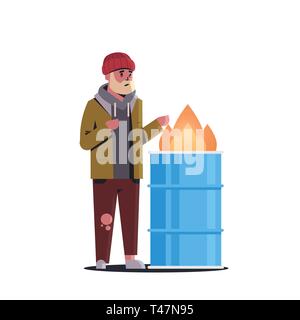 poor bearded man warming his hands by fire beggar guy standing near burning garbage in barrel homeless jobless concept white background full length Stock Vector