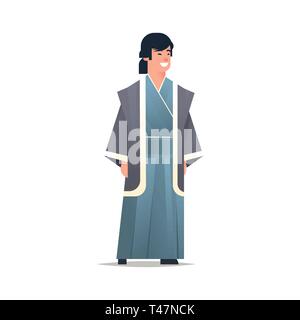 asian guy wearing traditional clothes smiling man in national ancient costume standing pose chinese or japanese male cartoon character full length Stock Vector