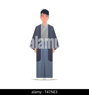 asian guy wearing traditional clothes smiling man in national ancient costume standing pose chinese or japanese male cartoon character full length Stock Vector