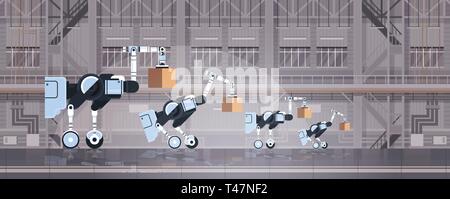 robotic workers loading cardboard boxes hi-tech smart factory warehouse interior logistics automation technology concept modern robots cartoon Stock Vector