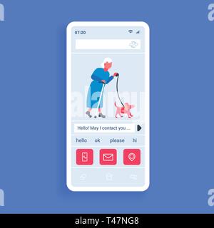 senior woman walking with dog in muzzle best friend concept grandmother and animal pet having fun online mobile social network communication app Stock Vector