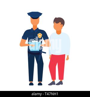 man driver with police officer standing together policeman in uniform writing report white background flat full length Stock Vector