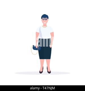 fat obese elegant woman standing pose smiling overweight office worker holding handbag female cartoon character full length flat white background Stock Vector