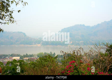 LUANG PRABANG LAOS APRIL 14.2019 : view from Mount Phou Si, Phu Si, High hill in the centre of the old town of Luang Prabang in Laos Stock Photo