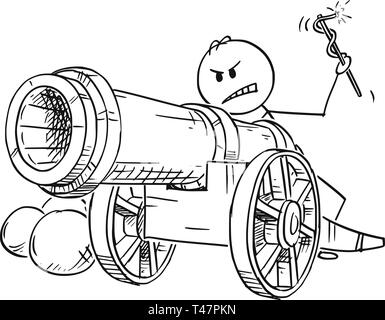 Cartoon stick figure drawing conceptual illustration of angry man or businessman targeting with antique cannon ready to fire. Stock Vector