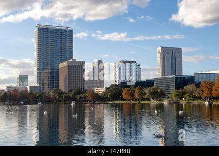 View from Lake Eola Park to Lake Eola and Skyline, Downtown, Orlando, Florida, USA Stock Photo