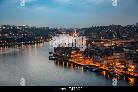 View over Porto, river Rio Douro, dusk, Porto, Portugal Stock Photo