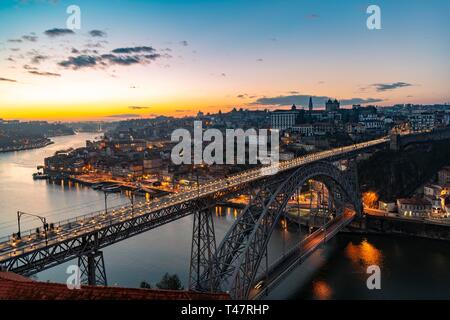 View over Porto with river Rio Douro and bridge Ponte Dom Luis I, Sunset, Porto, Portugal Stock Photo