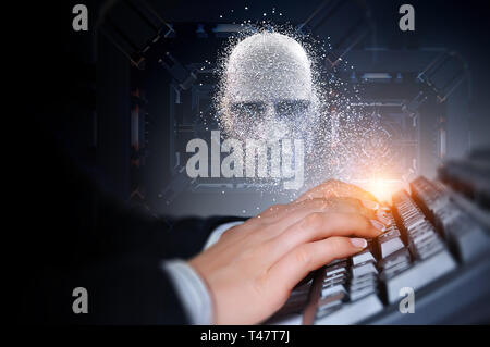 Hands of a young woman on computer keyboard with a digital head on the background Stock Photo