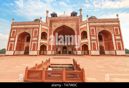 Humayun Tomb red sandstone architecture with stairway at sunset. Humayun Tomb is a UNESCO World Heritage site at Delhi India Stock Photo