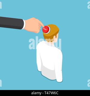 Flat 3d isometric business hand pushing reset button on business man head. Reset mindset concept. Stock Vector