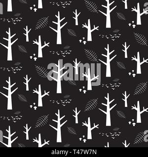 Vector monochrome seamless pattern with white nature elements on a black background Stock Vector