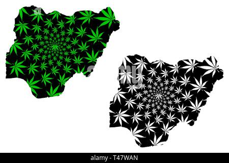 Nigeria - map is designed cannabis leaf green and black, Federal Republic of Nigeria map made of marijuana (marihuana,THC) foliage, Stock Vector