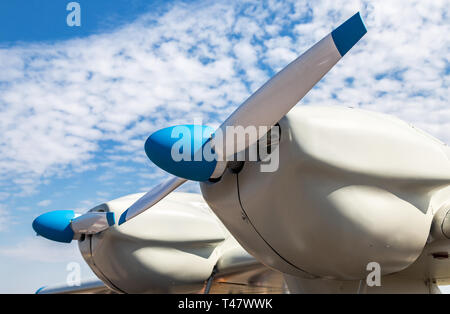 Turbine of russian small turboprop aircraft against the blue sky Stock Photo