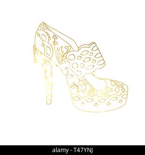 Golden high heel shoe hand drawn vector illustration. Women s shoe