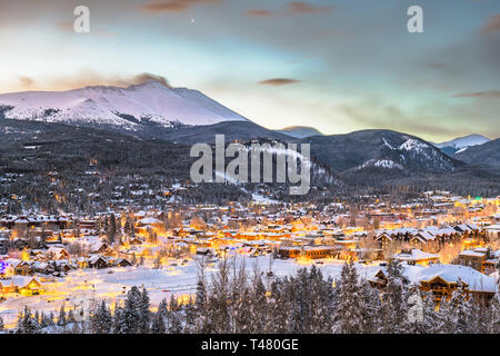 Breckenridge, Colorado, USA town skyline in winter at dawn. Stock Photo