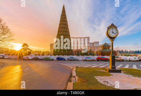 Christmas tree in front of Parliament building house,  Bucharest, Romania Stock Photo