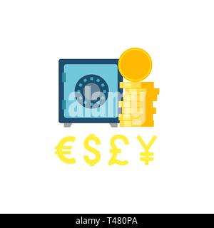Safe wit Coins Stack. Safe with Coins Stack and Different Currency Vector Flat Icon Isolated on White Background. Stock Vector