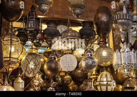 Lamps for sale in the Souk of Marrakech, Morocco Stock Photo