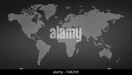 Black halftone dotted world map. Vector illustration. Dotted map in flat design. Vector illustration isolated on black background Stock Vector