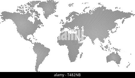 Black halftone circle dotted world map. Vector illustration. Dotted map in flat design. Vector illustration isolated on white background Stock Vector