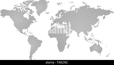 Black halftone dotted world map. Vector illustration. Dotted map in flat design. Vector illustration isolated on white background Stock Vector